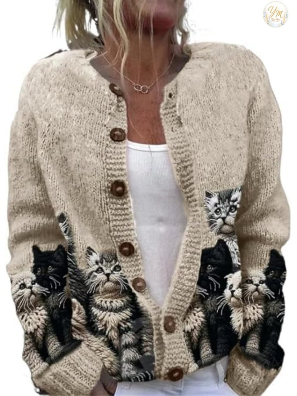 Cat Print Oversized Cardigan Sweater for Women Long Sleeve Button Knit Y2K